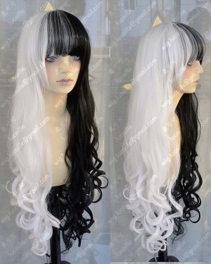 AYAMO Fashion Half Black Half White Color 100cm Curly Party Cosplay Wig