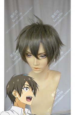 And you thought there is never a girl online? Hideki Nishimura Darkolivegreen Mix Gray Short Cosplay Party Wig