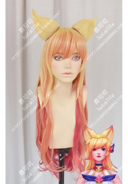 League of Legends Ahri Star Guardian Skin Golden Mix Pink Gradient Ruby Red 80cm Curly Cosplay Party Wig